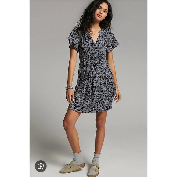 Anthropologie Dresses & Skirts - Anthropologie Womens Navy Blue Dotted Robin Tiered Mini Dress Small